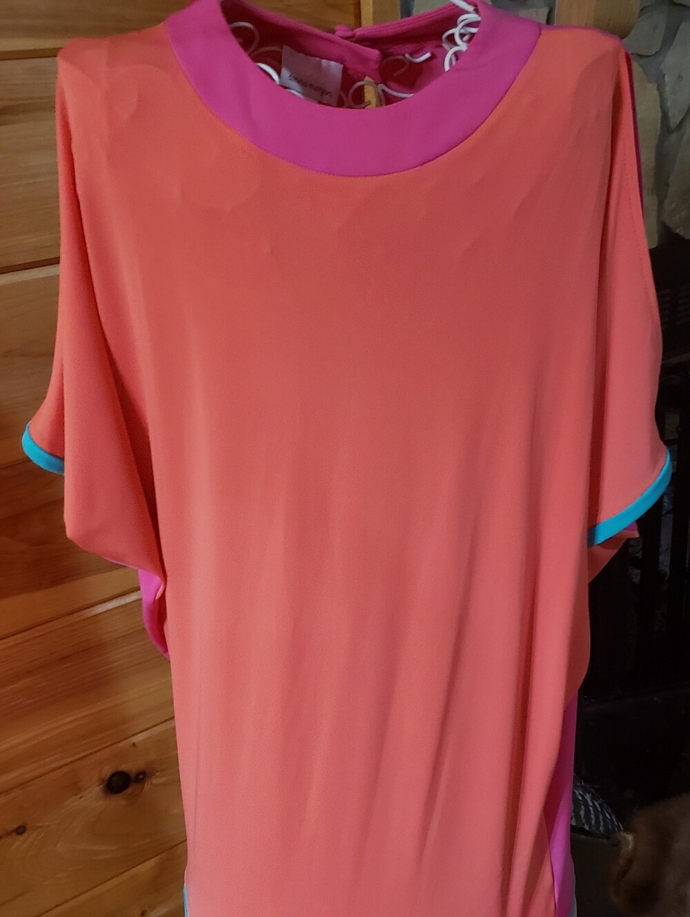 Coral Shift Dress with Pink Collar and Turquoise Trim Split Sleeves